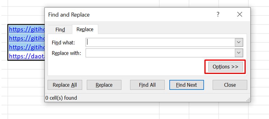 Hộp thoại Find and Replace trong Excel